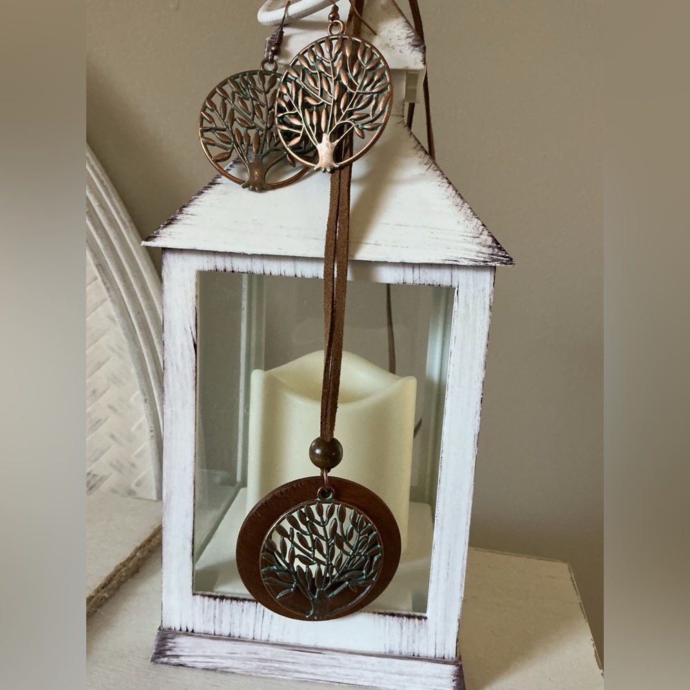 Tree of Life Pendant Necklace and Earrings - Brown Bronze